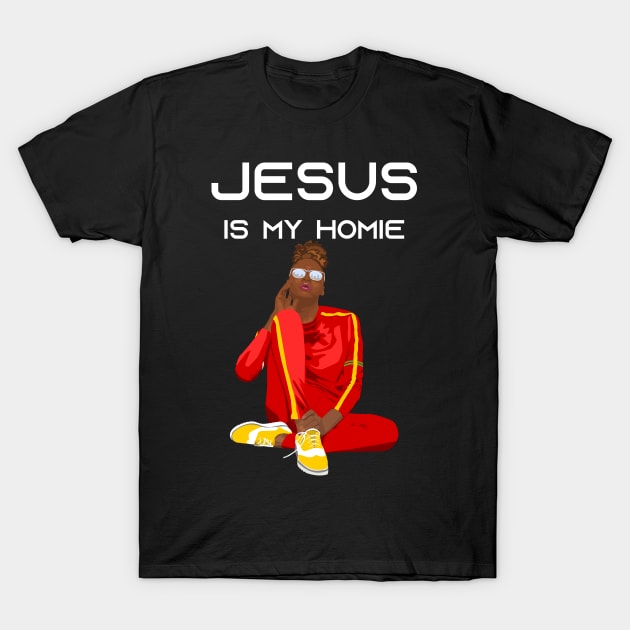 Jesus Is My Homie Model Wearing Red Athletic Outfit T-Shirt by Isan Creative Designs